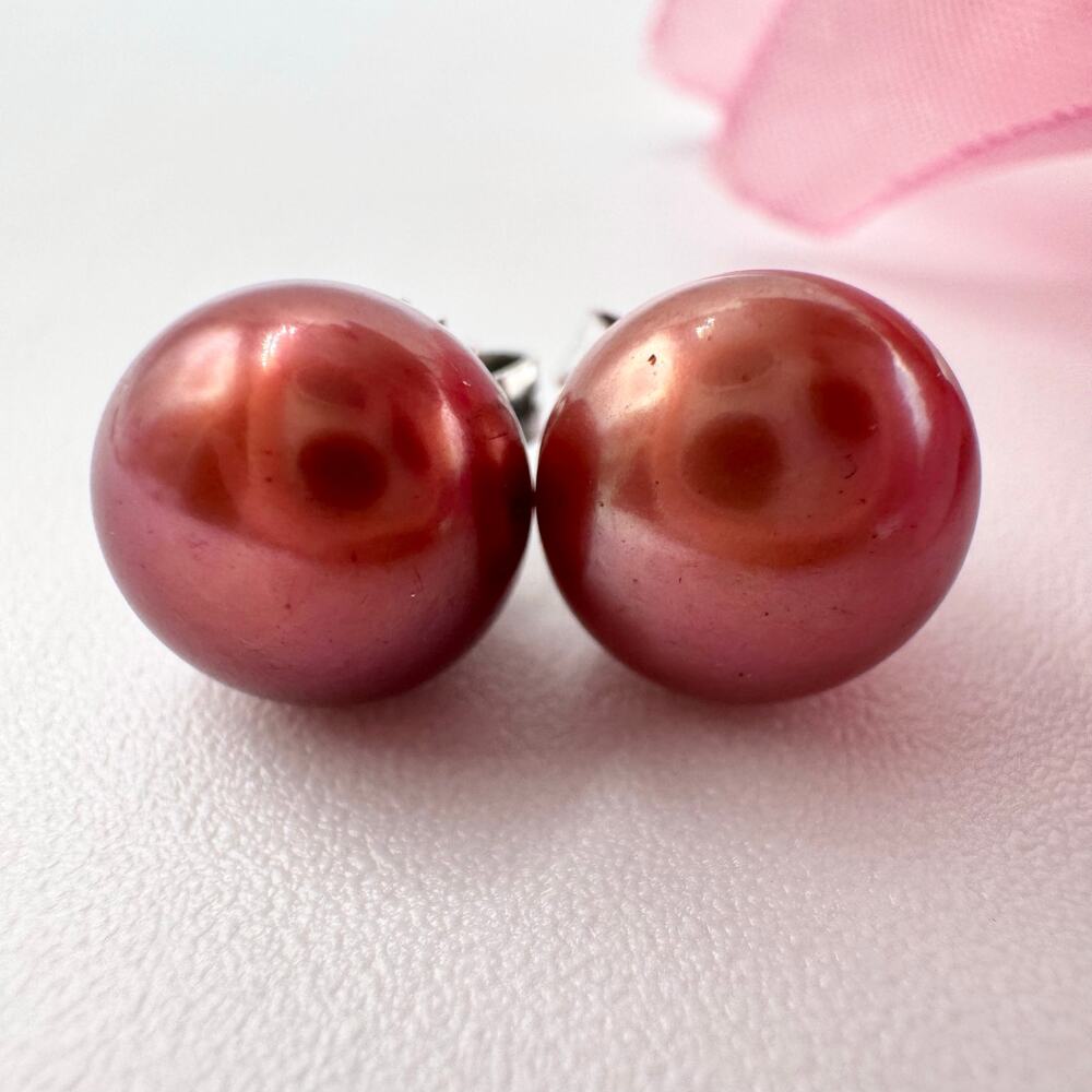 Honora Brown Pearl Stud Earrings 925 Sterling Silver Autumn Fall 8mm Signed